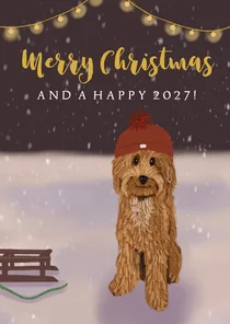 Kerstkaart labradoodle met slee