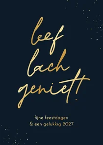 Kerstkaart leef lach geniet donkerblauw goud quote