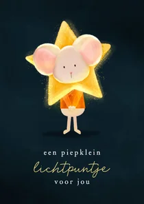 Kerstkaart lief muisje met ster om z'n hoofd lichtpuntje