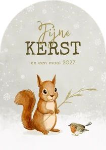 Kerstkaart lief schattig roodborstje eekhoorn sneeuw winter