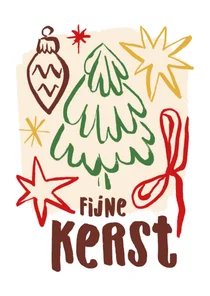 Kerstkaart lijntekeningen boom ster en strik