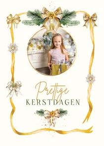 Kerstkaart lint met strikken en juweel met kersttakken
