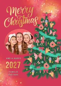 Kerstkaart magisch sprookje elfjes unicorns zoet kerstboom