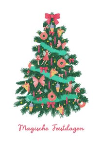 Kerstkaart magische kerst unicorn elfjes kerstboom donuts