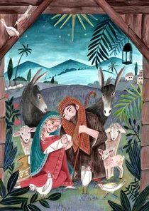 Kerstkaart Maria en Jozef bij het stalletje