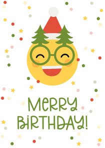 Kerstkaart merry birthday emoji met kerstbril