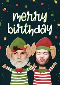 Kerstkaart Merry birthday twee kerstelfjes en eigen gezicht