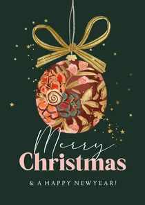 Kerstkaart Merry Christmas kerstbal goud sterren strik