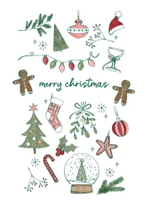 Kerstkaart 'Merry Christmas' met geïllustreerde kerst items