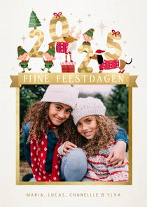 Kerstkaart met 2025 illustratie met lieve diertjes