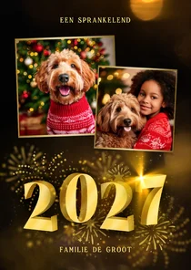 Kerstkaart met 2027 3D met 2 foto's en vuurwerk