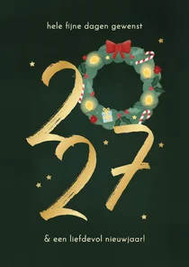 Kerstkaart met 2027 en kerstkrans goud sterretjes