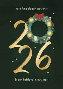Kerstkaart met 2027 en kerstkrans goud sterretjes