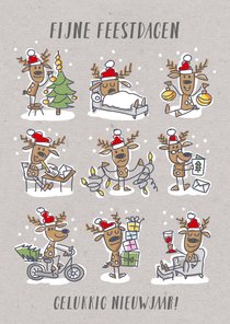 Kerstkaart met 9 rendieren met kerstmuts en kerstspullen