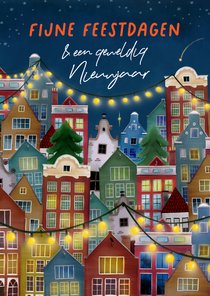 Kerstkaart met Amsterdamse huisjes en kerstlichtjes