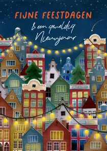 Kerstkaart met Amsterdamse huisjes en kerstlichtjes