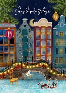 Kerstkaart met Amsterdamse pandjes en een brug