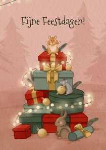 Kerstkaart met bosdieren met cadeautjes