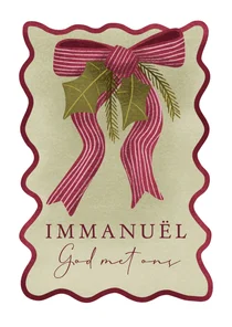 Kerstkaart met christelijke tekst en kerstgroen en strik