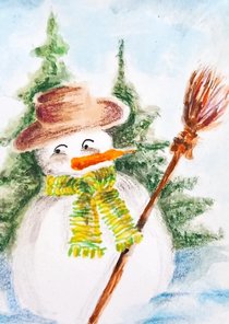 Kerstkaart met een sneeuwpop met een bezem