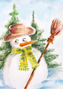Kerstkaart met een sneeuwpop met een bezem