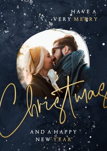 Kerstkaart met foto donkerblauw Christmas in goudlook