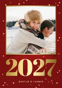 Kerstkaart met foto, gouden 2027 en sterren