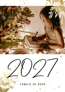 Kerstkaart met foto, gouden sterren en handgeschreven 2027