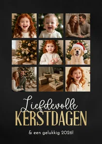Kerstkaart met fotocollage 9 foto's zwart goud