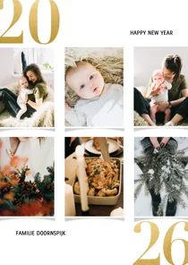 Kerstkaart met fotocollage en gouden 2026