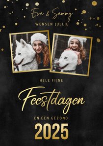 Kerstkaart met foto's, gouden spetters fijne feestdagen