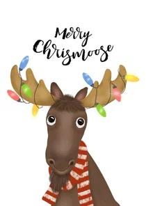 kerstkaart met grappige eland met lichtjes in zijn gewei