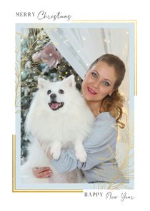 Kerstkaart met grote foto kader en gouden takken