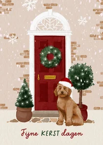 Kerstkaart met hondje en kerstkrans