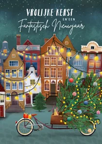 Kerstkaart met huisjes en een bakfiets
