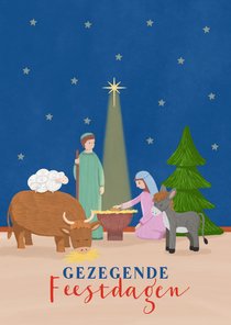  Kerstkaart met illustratie Jozef Maria en Jezus dieren ster
