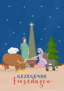 Kerstkaart met illustratie Jozef Maria en Jezus dieren ster