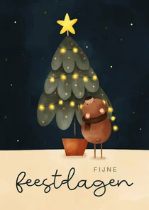 Kerstkaart met illustratie van kerstboom met ster en beertje