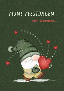 Kerstkaart met kabouter die hartjes uitdeelt