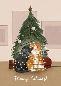 Kerstkaart met katten en kerstboom