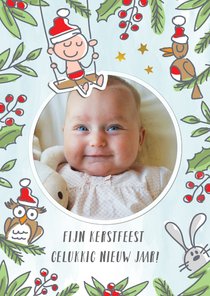 Kerstkaart met kerstbaby en vogel konijn en uil