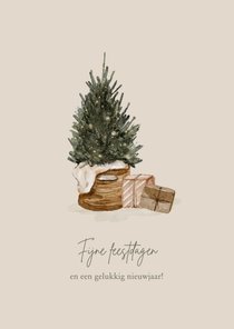 Kerstkaart met kerstboom en cadeautjes handgetekend