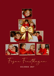 Kerstkaart met kerstboom fotocollage en gouden strik