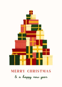 Kerstkaart met kerstboom van gekleurde cadeaus bonprix