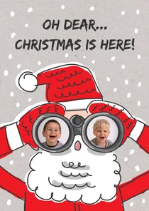Kerstkaart met kerstman met verrekijker en foto's