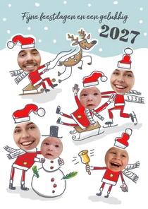Kerstkaart met kerstmannen in de sneeuw met 6 foto's