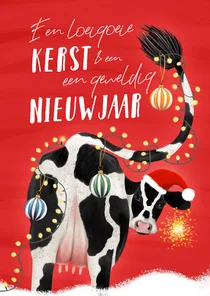 Kerstkaart met koe en veel lichtjes
