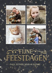 Kerstkaart met krijtbord achtergrond, sterren en 4 foto's 