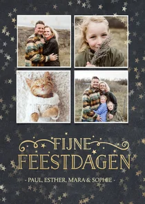 Kerstkaart met krijtbord achtergrond, sterren en 4 foto's 