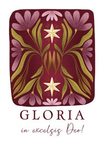 Kerstkaart met sterren en bloemen en christelijke tekst